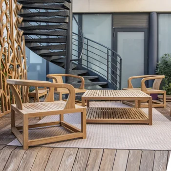 חיצונית פנאי מעץ מלא שולחן ספה ערכת מרפסת חדשה בסגנון סיני וילה גן גן יוקרתי ריהוט