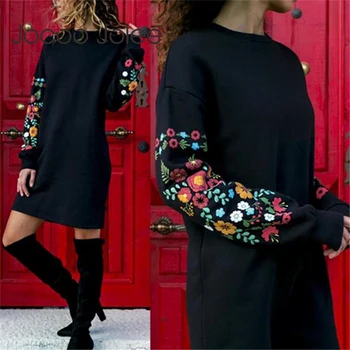 Jocoo Jolee שמלות נשים סתיו מיני שמלה אלגנטית ארוכה שרוול הדפס פרחוני רופף חם שמלה שחור Streeetwear vestidos