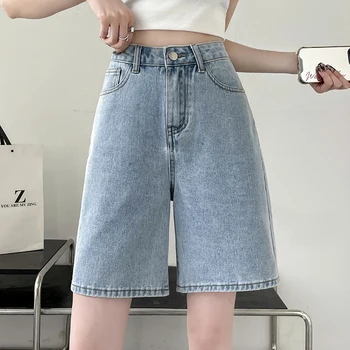 נשים מכנסי ג ' ינס קצרים 2023 סגנון חדש הקיץ שטף בציר גבוהה המותניים רחב הרגל המכנסיים בכיס בגדים רפויים YCMYUNYAN