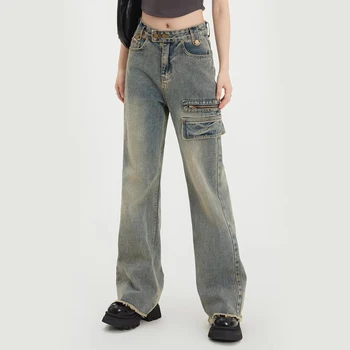 Zoki גבוהה המותניים אישה רחב ג 'ינס רגל Y2K היפ הופ אופנת רחוב משוחרר ישר מכנסיים רטרו קוריאנית רוכסן מתאימים מכנסי ג' ינס