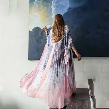 אלגנטי Kaftan זמן הדפסה טוניקה רפויה שמלת מקסי פוליאסטר מודפס החוף חולצה ורודה כנף הגלימה בסגנון השמלה הגנה מפני השמש החולצה