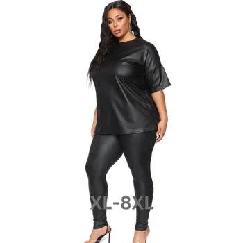 גודל פלוס Pu שני חלקים נשים מכנסיים ערכות אופנה אופנת רחוב חצי שרוול שחור חולצת טי אלסטי המותניים המכנסיים כל 3xl 4xl 5xl 6xl