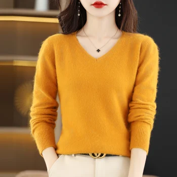 2023 החדשות של נשים V-neck מינק סוודר קשמיר הסתיו-חורף אופנה מוצק צבע שרוול ארוך חם חום סרוגים ' קט העליון
