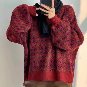 הלו סרגה סוודר 2022 הסתיו החדש, הנשי קוריאני אופנה וינטג קצר רופף אדום הלבשה עליונה חצאית סוודר מזדמנים צמרות