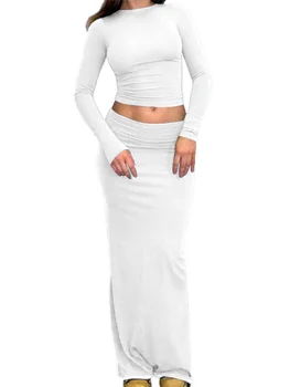 השרוול הארוך Slim Fit Base T-חולצות חולצות חצאיות ארוכות 2023 אביב סתיו 2 חתיכות קבוצות נשים תלבושות מוצק צבע O-צוואר