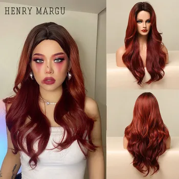 הנרי MARGU חום אדום Ombre גל ארוך סינטטי Cosplay פאות צד פאות שיער לנשים שחורות החלק האמצעי עמיד בפני חום הפאה