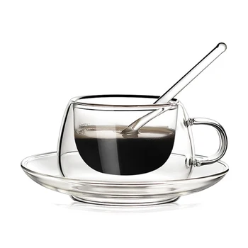 מודרני מינימליסטי כפול שכבת זכוכית ספל קפה יצירתי המשרד גביע הביתה שכבה כפולה ספל קפה עם סט צלחת כף