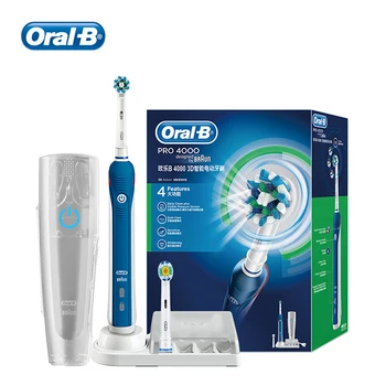 Oral-B מברשת שיניים חשמלית מברשת שיניים Oral-B 4000 מברשת שיניים 4 ניקוי עם מצבי לחץ חיישן תיק נסיעות 2 ראשי מברשת.