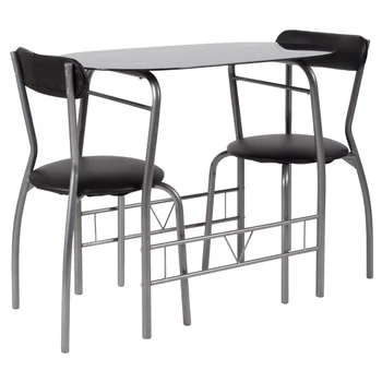 סאטון 3 חתיכה חוסך במקום ביסטרו להגדיר עם זכוכית שחורה שולחן שחור ויניל מרופד כיסאות