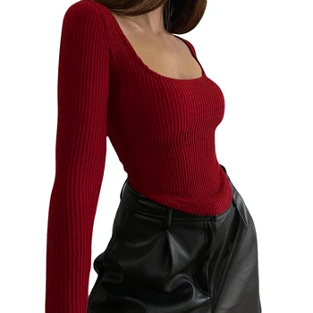 נשים שרוול ארוך סוודר רזה בסיסי חולצה מזדמן אדום רזה יבול מקסימום סתיו אופנה סקסית אופנת רחוב