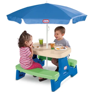 קצת Tikes קל החנות ג ' וניור שולחן פיקניק עם מטריה, כחול & ירוק - משחק שולחן עם מטריה לילדים