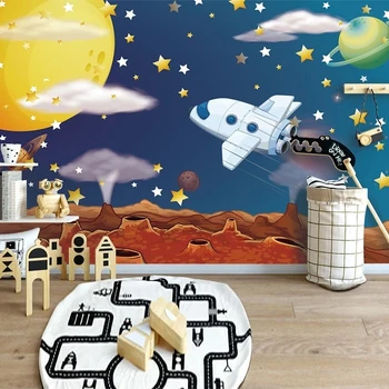מותאם אישית כוכבים הירח מטוס מצוייר ציור היקום השמים המכוכבים ילדים חדר התינוק לחדר השינה תמונה קיר בעיצוב ציור טפט