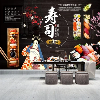 מטבח יפני, סושי ציור קיר טפט 3D מסעדה יפנית תעשייתי עיצוב גיישה, פריחת הדובדבן רקע קיר נייר 3D