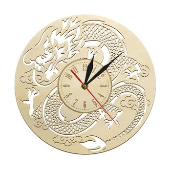 הדרקון כפרי אמנות שעון קיר אחד של סוג לייזר לחתוך עץ, שעון מטבח ביתי בסלון אמנות קיר הדרקון מאהבת סינית השעון